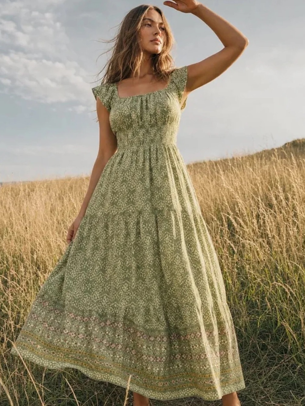 Lovestitch Smocked Tiered Maxi Dress with Square Neck